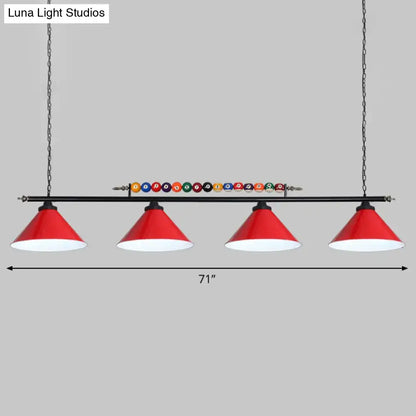 Red conical pendant ceiling light with white interior metal frame featuring colorful pool balls for e26 e27 bulbs