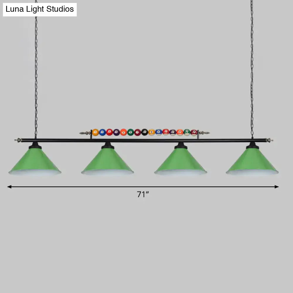 DecorBites iron linear island ceiling light with four green conical shades metal frame and e26 e27 bulbs over billiard table