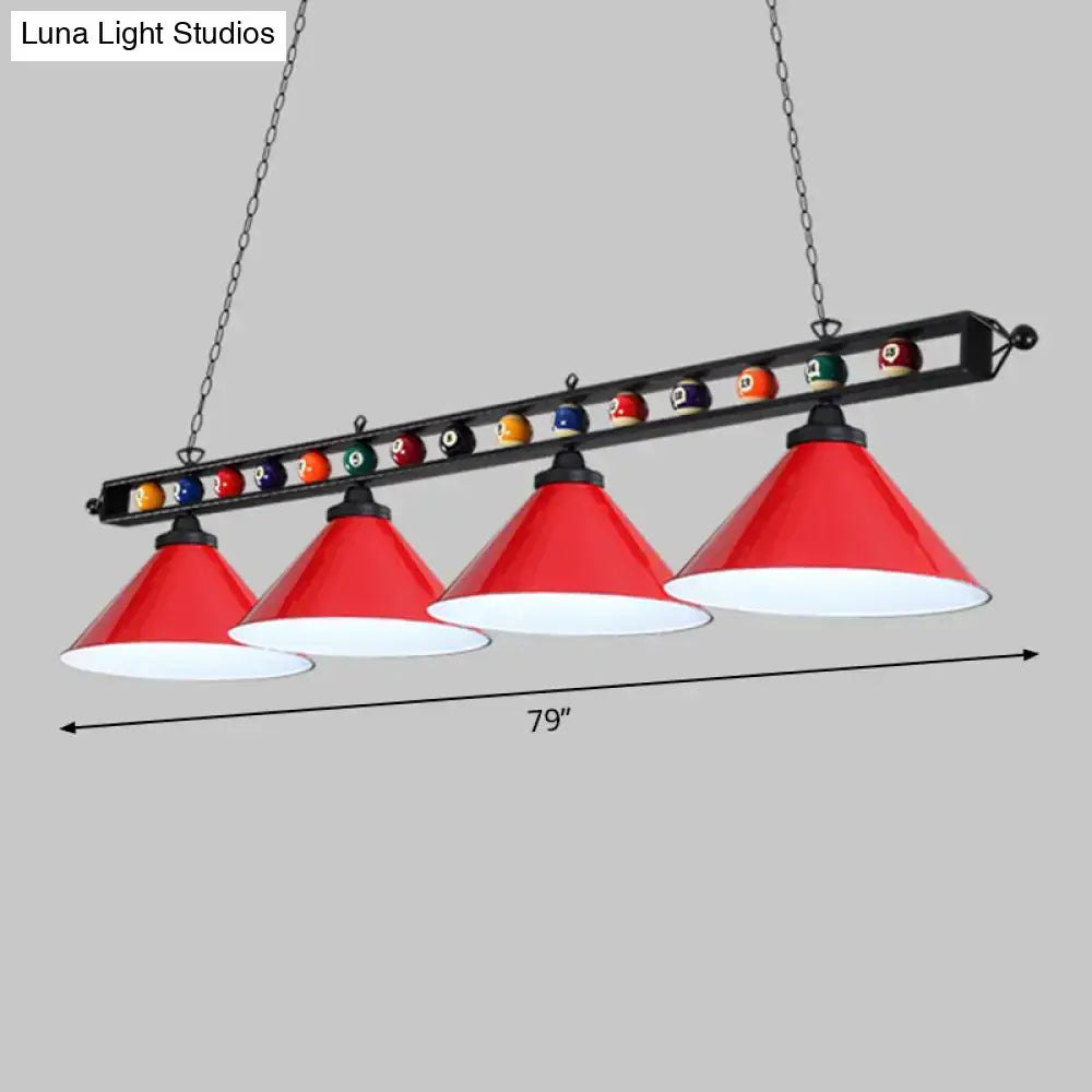 Decorbites iron linear island ceiling light with red conical shades white interiors metal frame and e26 e27 sockets