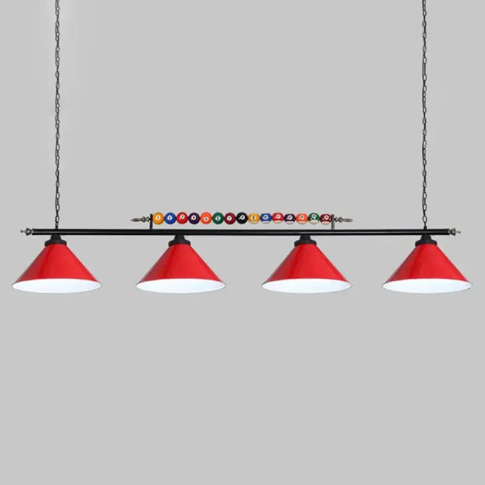 Decorbites™ iron linear island ceiling light with red conical metal frame shades and e26 e27 sockets over pool table