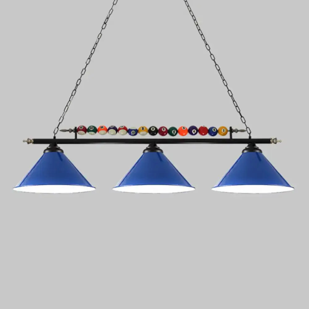 Decorbites™ iron linear island ceiling light with blue cone shades metal frame chain suspension and colorful billiard balls e26 e27