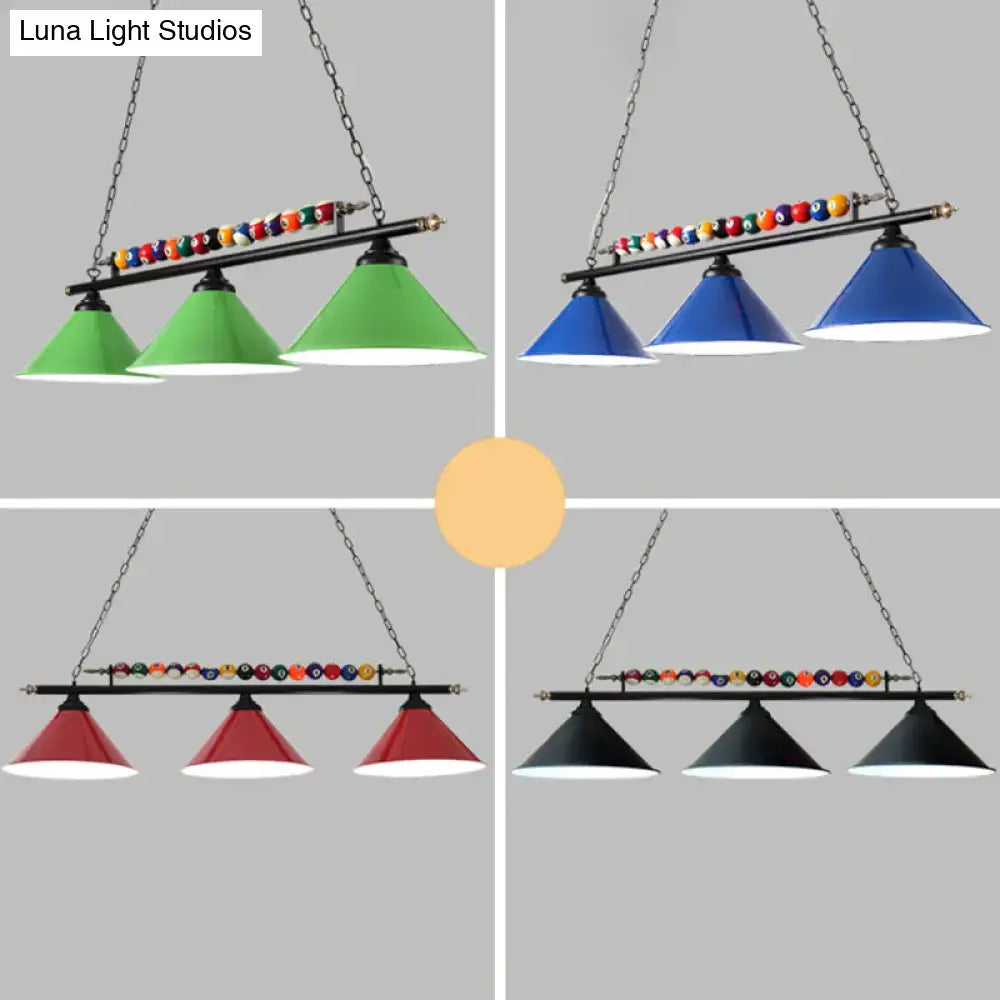 DecorBites™ iron linear island ceiling light with black metal frame and colorful conical shades e26 e27 compatible