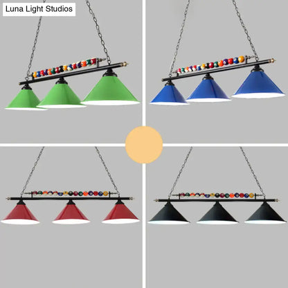 DecorBites™ iron linear island ceiling light with black metal frame and colorful conical shades e26 e27 compatible