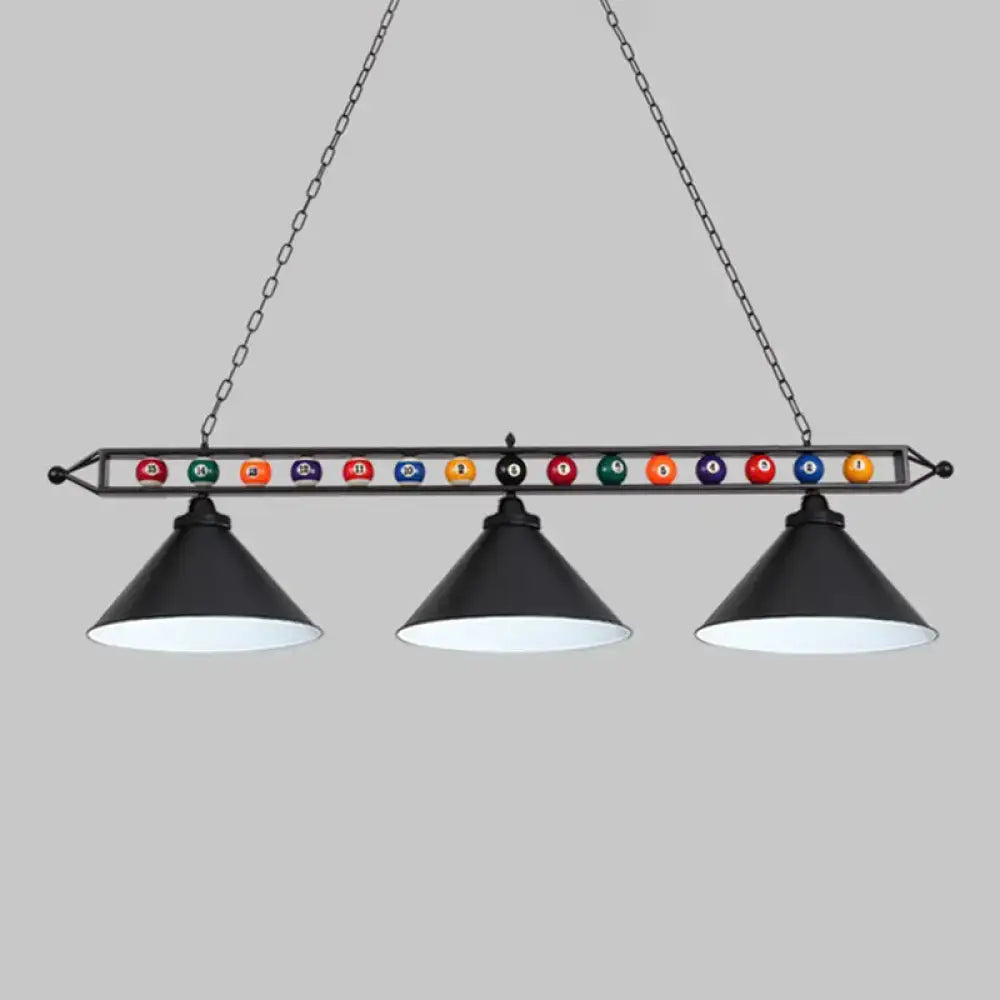 Decorbites™ iron linear island ceiling light with black metal frame cone shades and e26 e27 sockets over pool table
