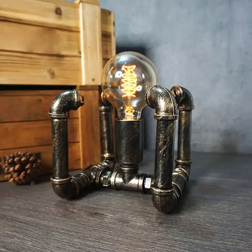 DecorBites™ iron pipe art night lamp in bronze metal pipes with glowing filament bulb for boys room lighting