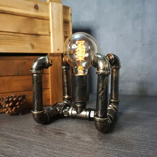 DecorBites™ iron pipe art night lamp in bronze metal pipes with glowing filament bulb for boys room lighting