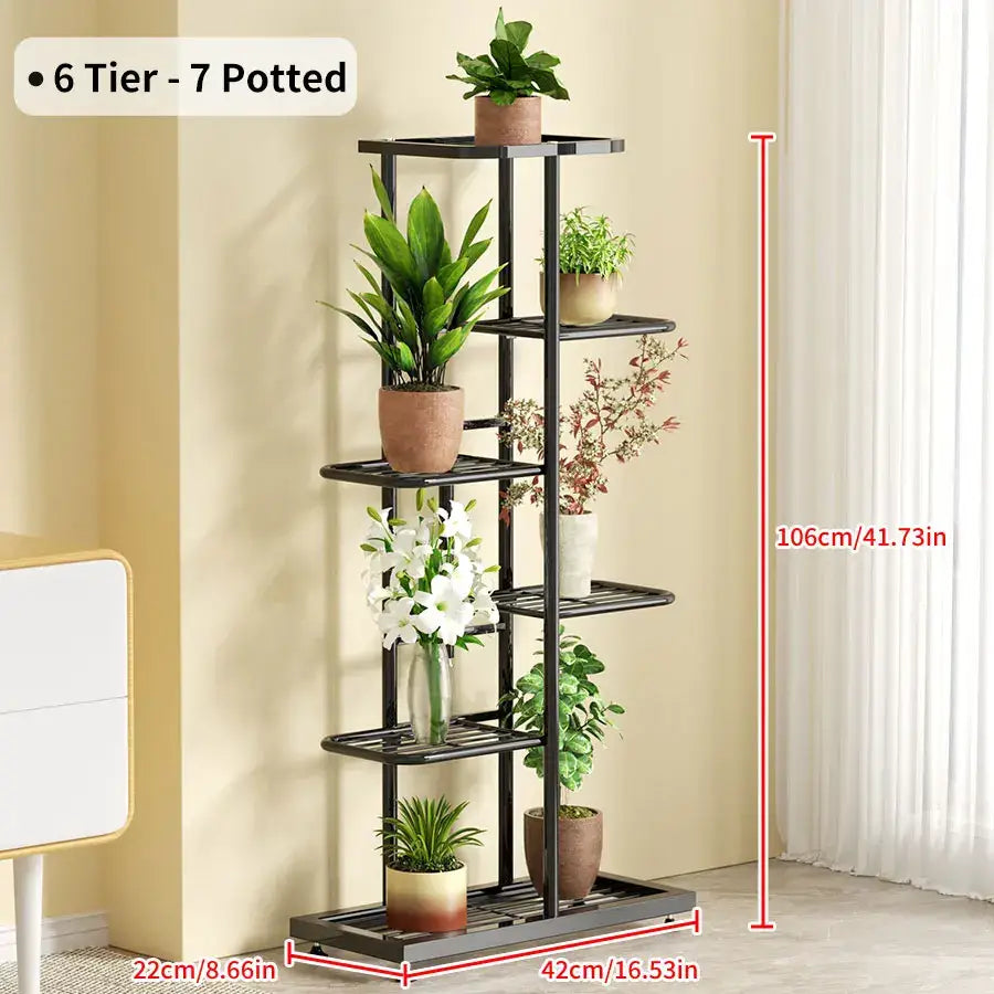 Black metal iron plant stand with six tiers featuring seven potted plants on each level for indoor display