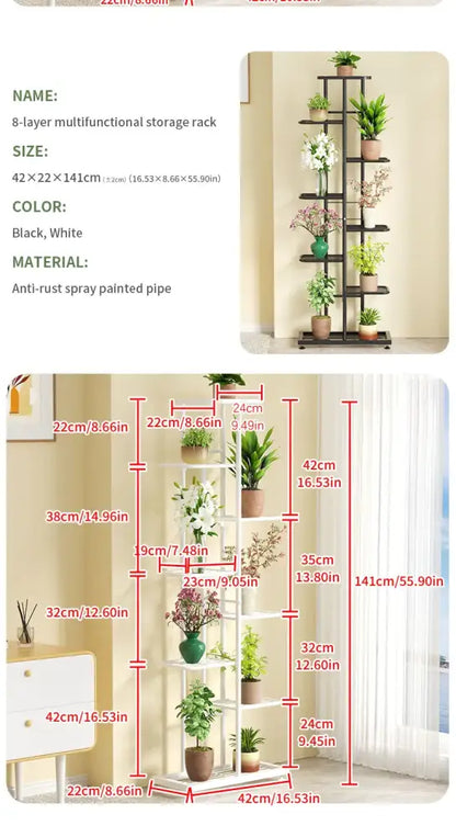 Black and white 8-layer iron plant stand with anti-rust spray painted pipe for multiple pots by DecorBites