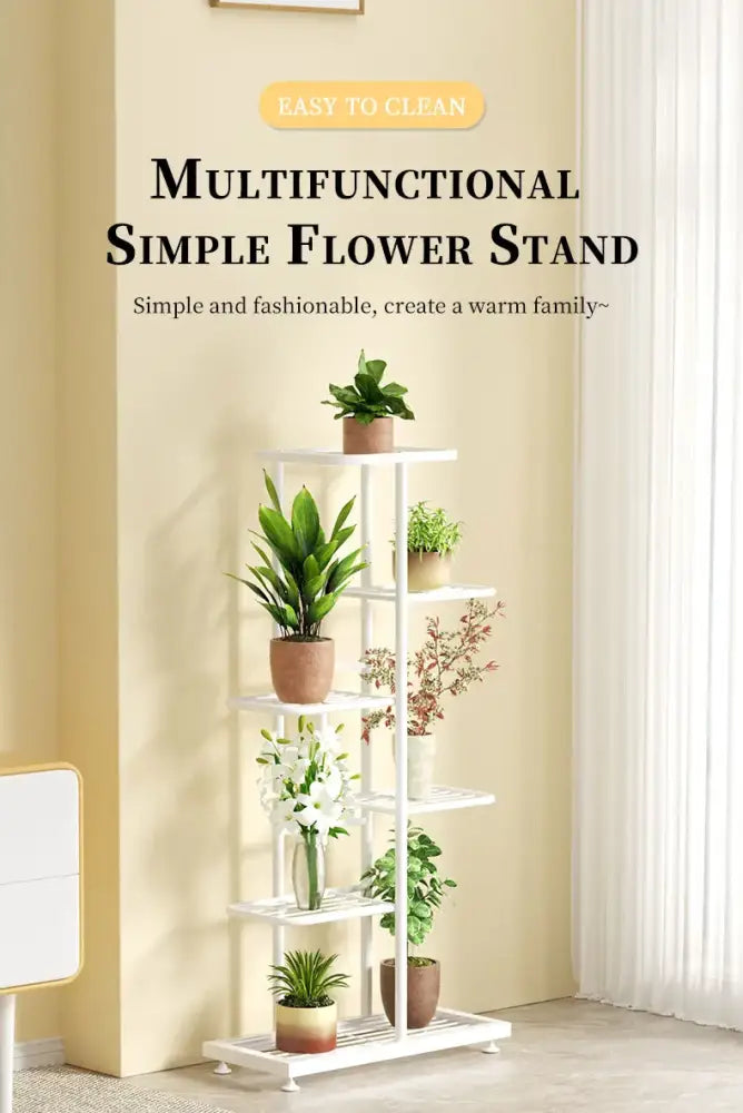 White metal iron plant stand with five multifunctional tiers holding various potted plants for indoor use