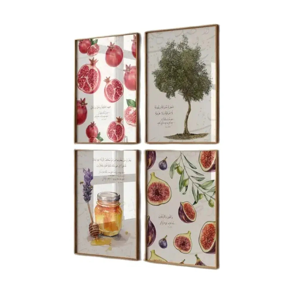 Set of four framed islamic art posters featuring soft watercolor botanical prints for kitchen wall decor by DecorBites