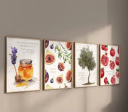 Set of four framed islamic art posters featuring watercolor botanical illustrations for kitchen wall decor by DecorBites