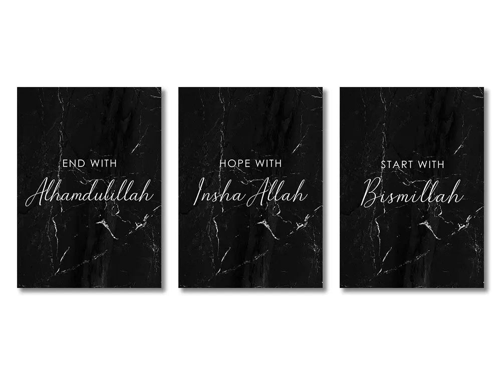 Set of three black marble-textured decorbites™ islamic ayatul kursi canvas wall art prints with white cursive script