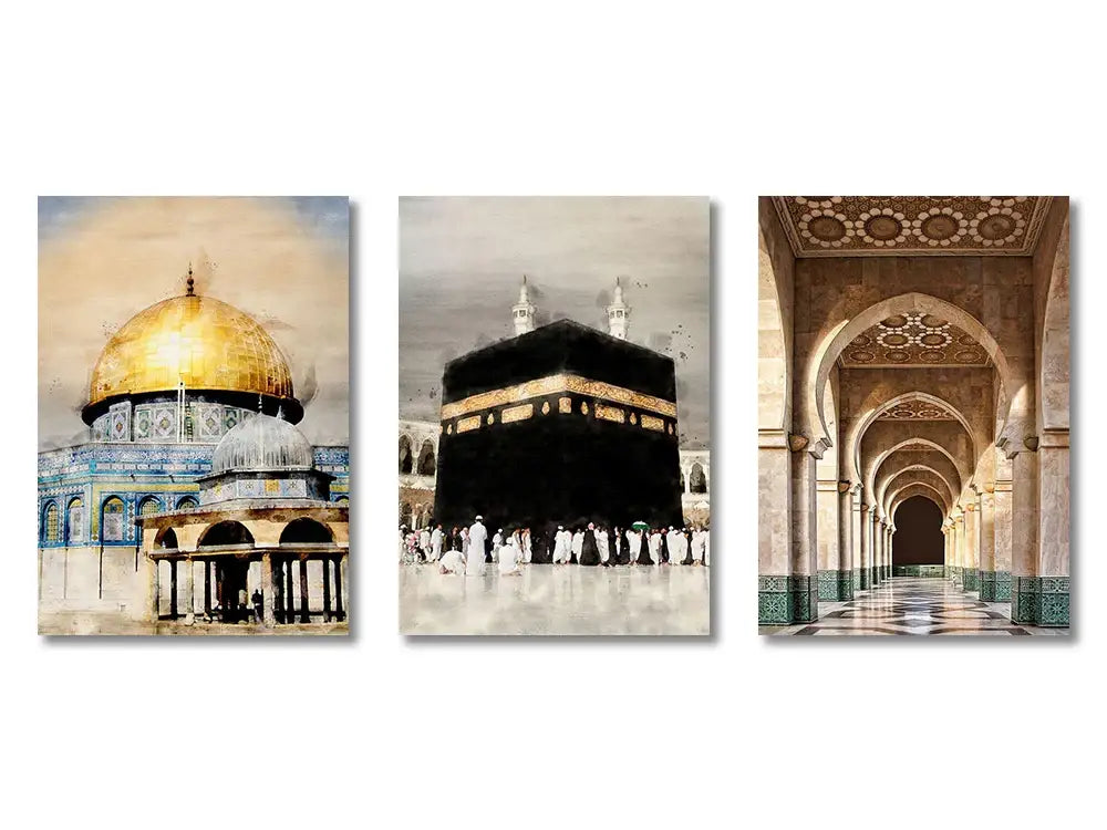 Set of three framed islamic ayatul kursi wall art prints featuring dome of the rock, kaaba, and mosque corridor by decorbites