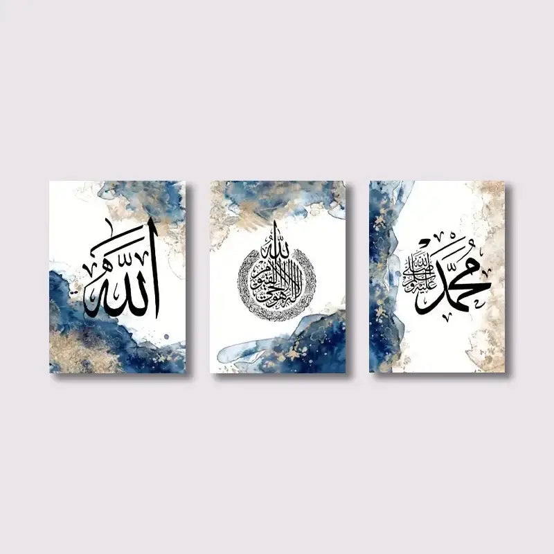 Set of three framed DecorBites™ islamic calligraphy wall art prints with black arabic calligraphy on white background and blue beige accents