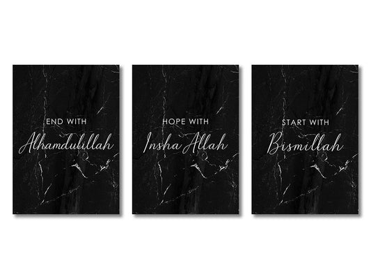 Decorbites™ islamic canvas wall art set of three black marble textured prints with white cursive script phrases