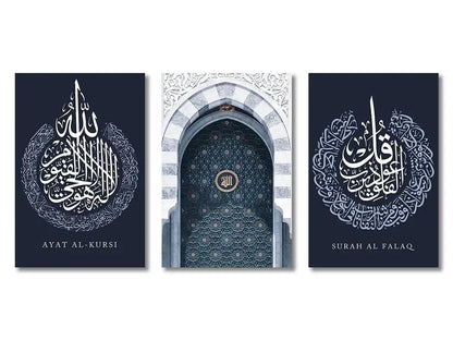 Set of three decorbites™ islamic canvas wall art prints featuring white ayatul kursi quran calligraphy on navy backgrounds