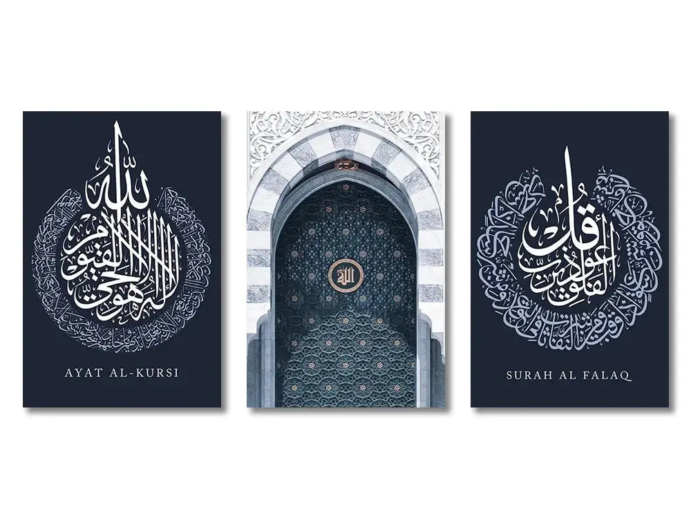 Set of three islamic quran canvas prints featuring white calligraphy on navy backgrounds for home decor