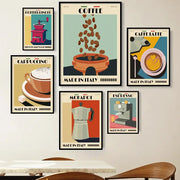 Set of six DecorBites™ italian espresso coffee wall art canvas prints featuring vintage espresso coffee pot illustrations