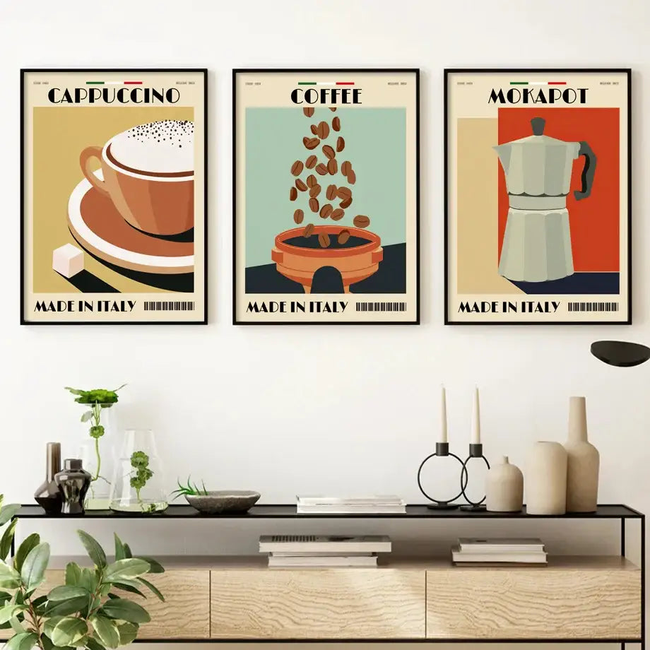 DecorBites™ italian coffee wall art canvas print featuring vintage espresso coffee pot beans and cappuccino cup designs
