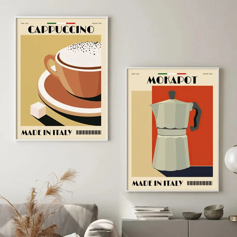 Two framed decorbites italian coffee wall art canvas prints featuring orange cappuccino cup and white espresso coffee pot
