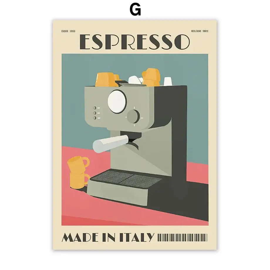 Vintage-style decoarbites™ italian espresso coffee wall art canvas print featuring gray espresso coffee pot with yellow cups