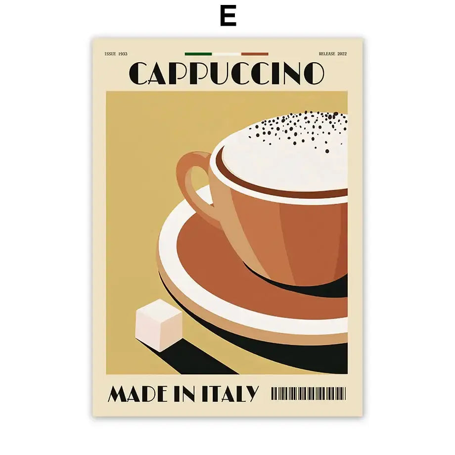 Vintage-style warm-toned cappuccino cup with frothy milk and sugar cube italian espresso coffee wall art canvas print decorbites