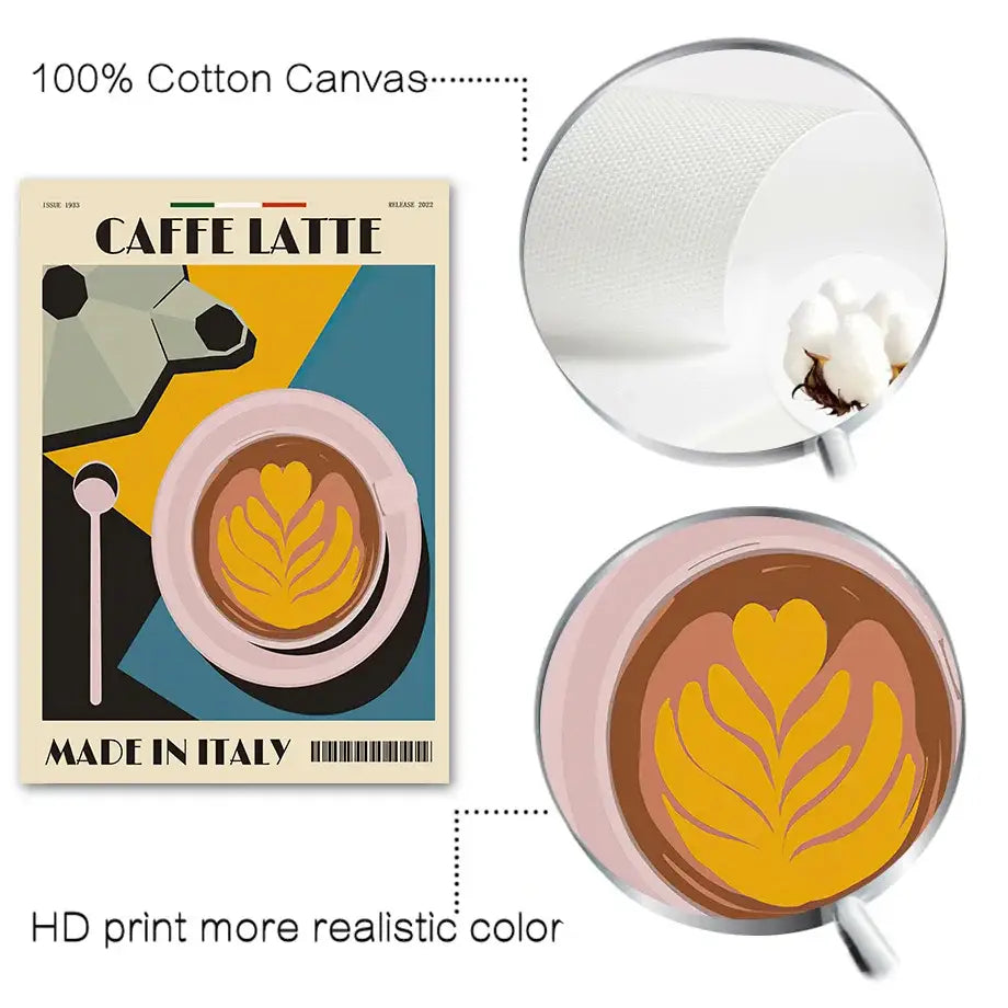 DecorBites italian coffee wall art canvas print with vintage caffè latte design on pink cup in vibrant yellow brown tones