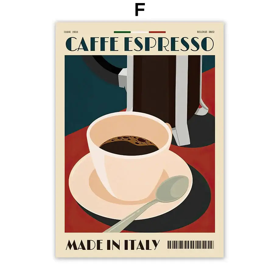 Decorbites italian coffee wall art canvas print featuring cream espresso cup with dark coffee on red and teal background