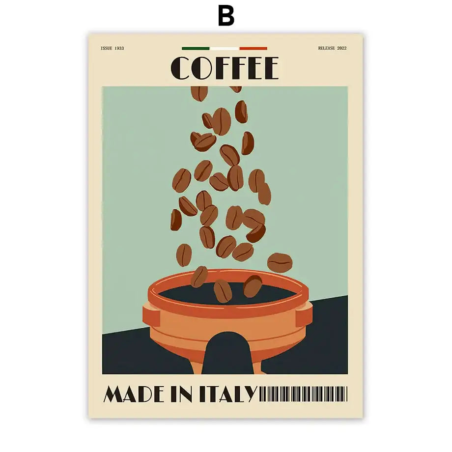 Decorbites italian coffee wall art canvas print with brown coffee pot beans falling above orange bowl in vintage style
