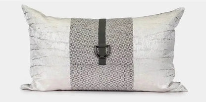 Decorbites italian luxury silver and gray patterned rectangular pillowcase with black leather strap and d-ring buckle