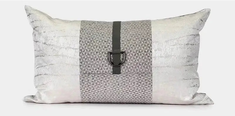 Decorbites italian luxury silver and gray patterned rectangular pillowcase with black leather strap and d-ring buckle