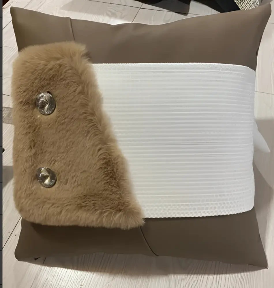 Brown and white decorbites italian luxury leather pillowcase with faux fur trim and metallic buttons for living room decor