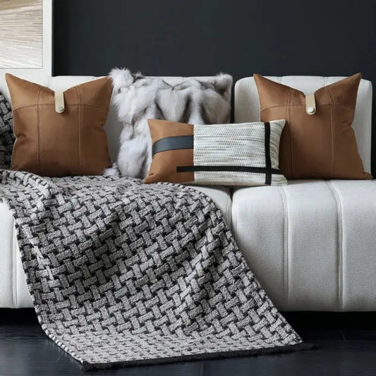 Brown leather pillows with tan metal tabs on white sofa complement decorbites italian luxury pillowcase cover