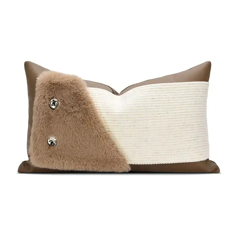 Rectangular decorbites italian luxury brown leather pillowcase with brown faux fur and silver buttons on cream fabric