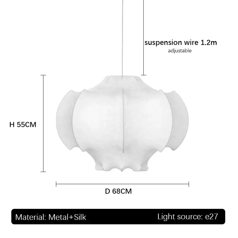 White sculptural pendant light with layered italian silk and metal design by decorbites ideal for dining rooms