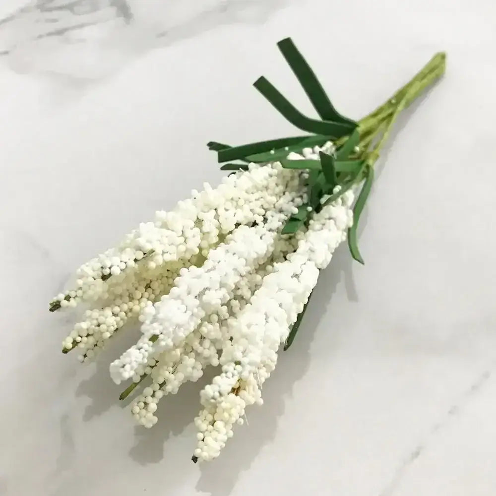 A decorbites ivory flower cherry stamen bouquet with delicate clustered ivory blooms and green stems for wedding decor