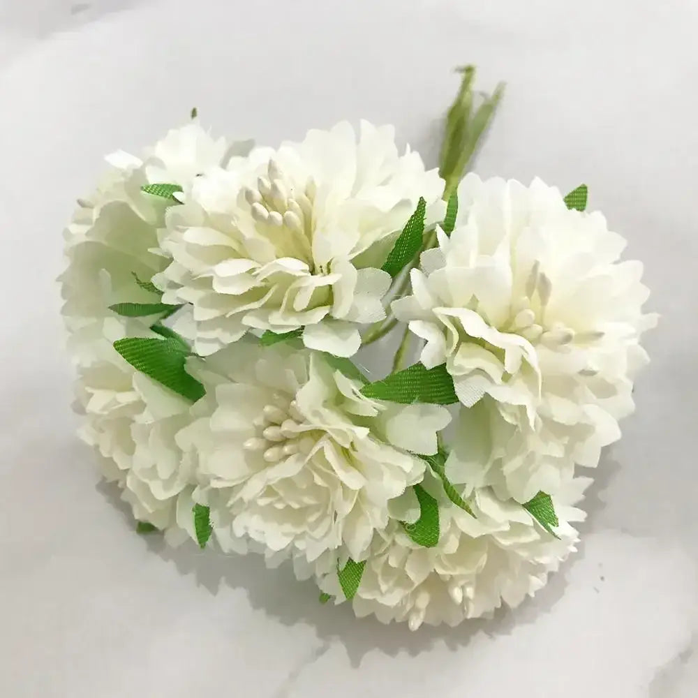 A cluster of decorbites ivory flower cherry artificial white peonies with green ribbon-like leaves for wedding decor