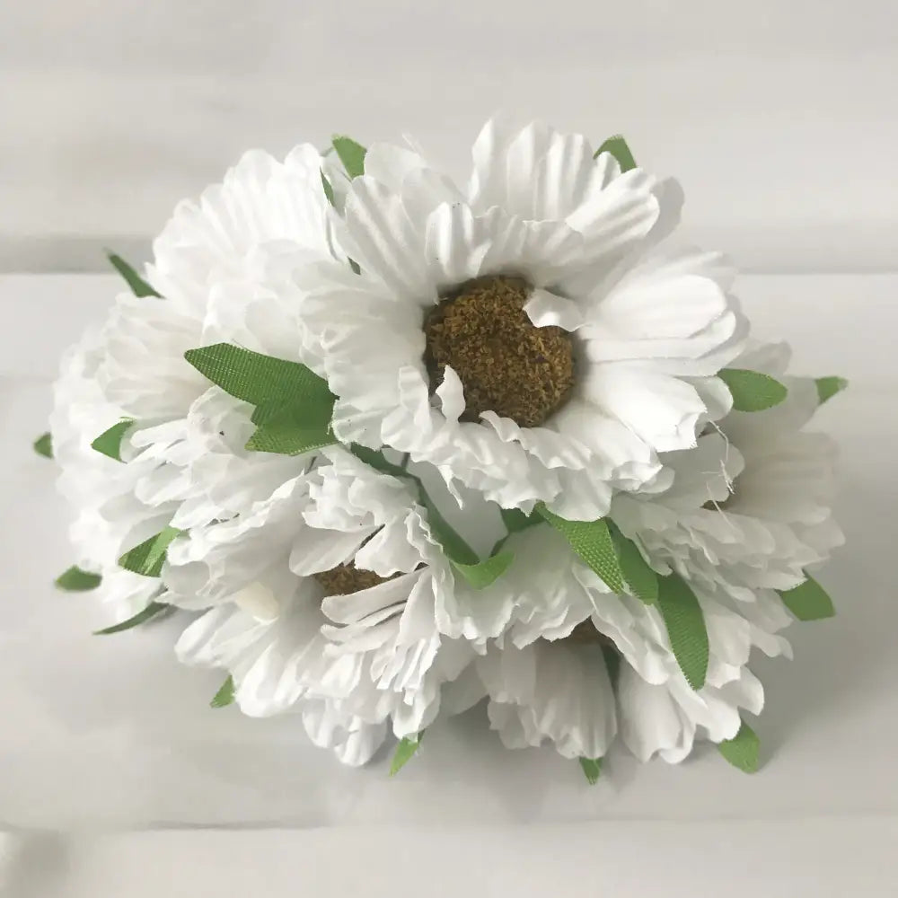 A cluster of decorbites ivory flower artificial daisies with cherry stamen berries and green fabric leaves for wedding decor