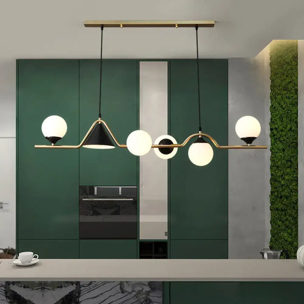 Modern brass and black decorbites ivory glass island pendant light with spherical white globes for restaurants 110v-120v 220v-240v