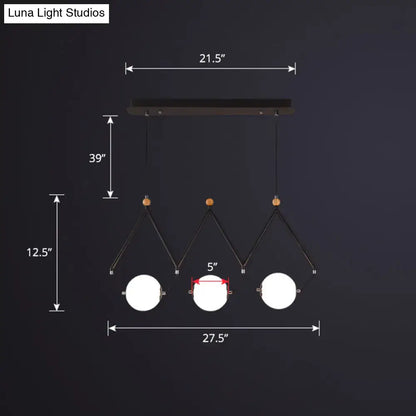Decorbites™ ivory glass minimalist ball suspension light with black metal frame and three white glass shades ideal for restaurant suspension light
