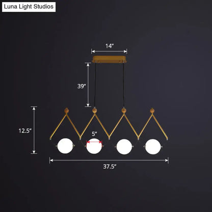 Gold-toned geometric DecorBites™ suspension light with four ivory glass balls hanging from wooden ceiling mount ideal for restaurants