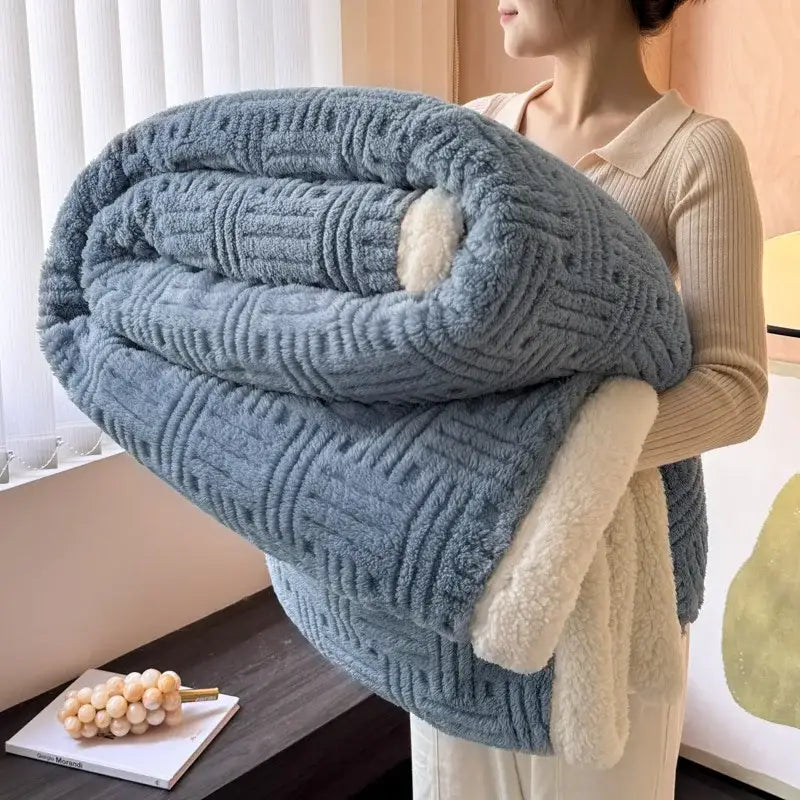 Decorbites jacquard lamb wool double-layer blanket in light blue fleece with plush white lining for cozy comfort and style