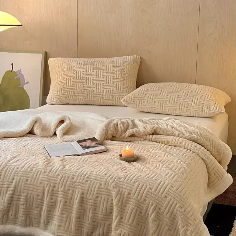 Cream-colored decorbites jacquard lamb wool double-layer throw blanket with textured woven pattern for cozy comfort and style