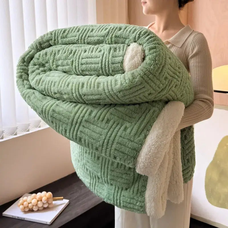 Decorbites jacquard lamb wool double-layer blanket in soft mint green with woven texture and plush white sherpa lining