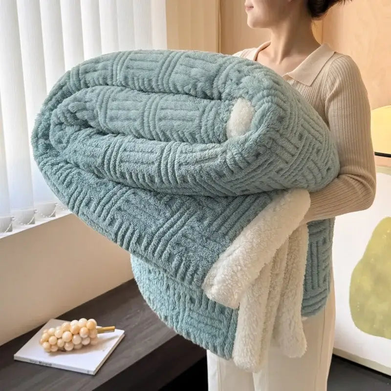 A soft light blue decorbites jacquard lamb wool double-layer blanket with plush white fleece lining for cozy comfort