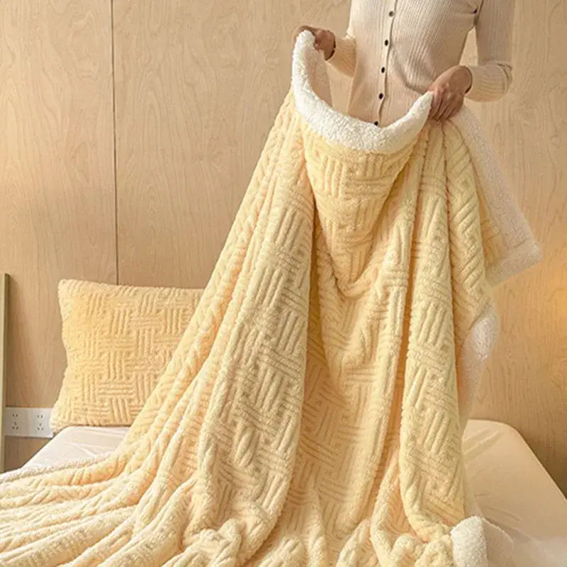 Cream-colored decorbites jacquard lamb wool double-layer blanket with textured woven pattern and soft fleece lining for cozy comfort