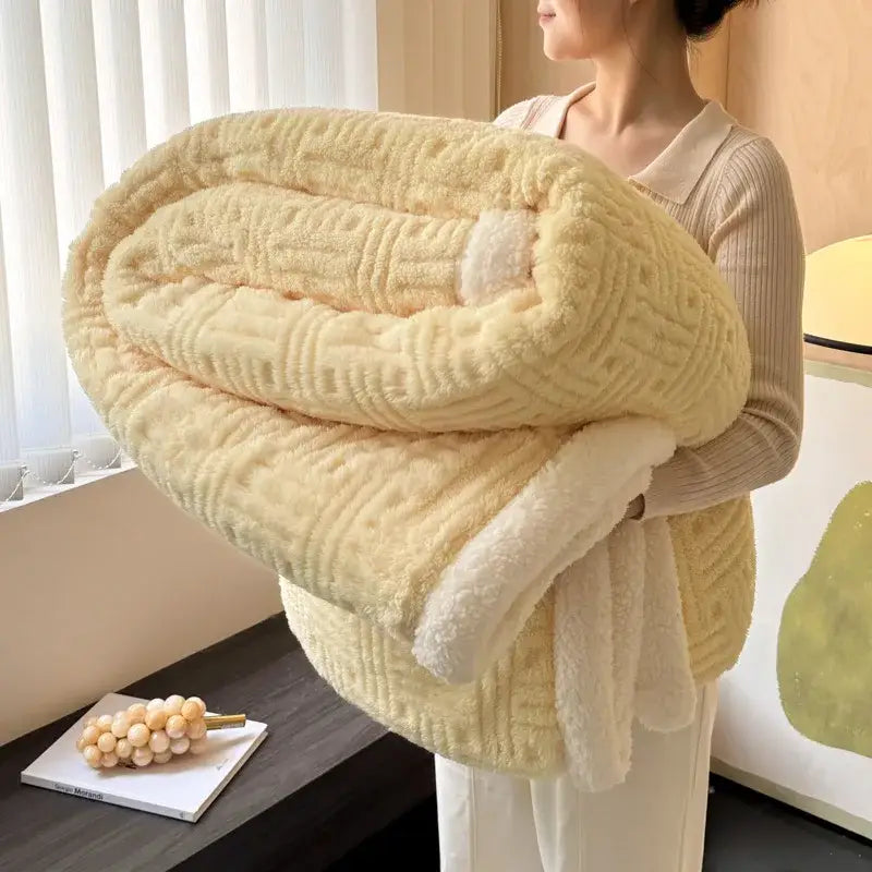 A cream-colored decorbites jacquard lamb wool double-layer blanket with geometric pattern and soft white fleece lining