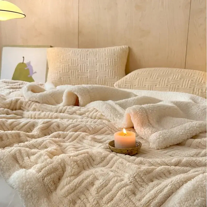 Cream-colored decorbites jacquard lamb wool double-layer blanket with textured waffle-knit pattern for cozy comfort and style