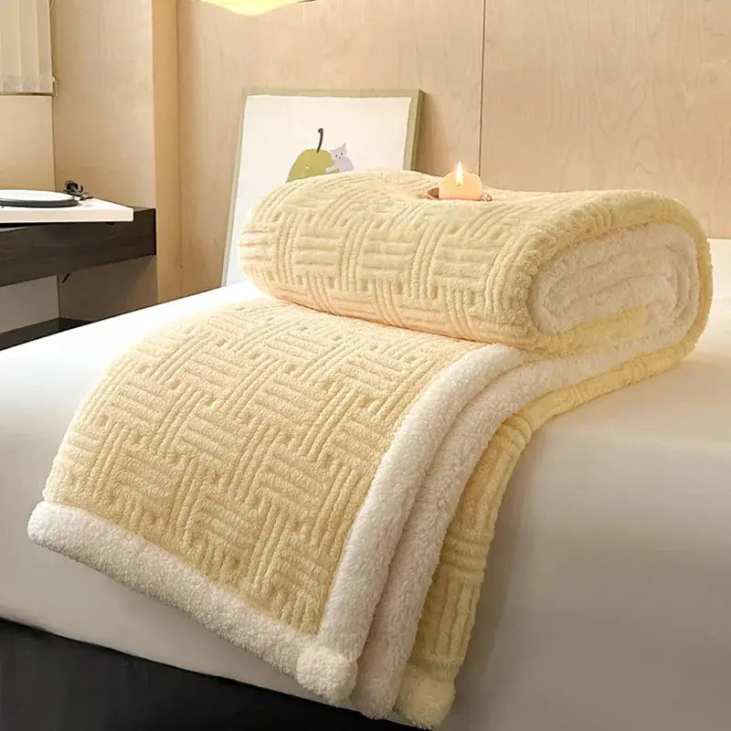 A cozy cream decorbites jacquard lamb wool double-layer blanket with textured woven pattern and plush sherpa lining rolled on bed