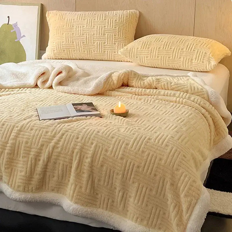 Cream-colored decorbites jacquard lamb wool double-layer blanket with textured woven pattern and soft white fleece trim